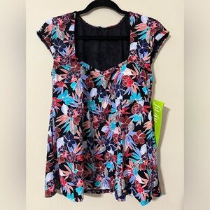Fit 4U size 16 Kokomo cap sleeve swim top lined black floral print slimming NWT